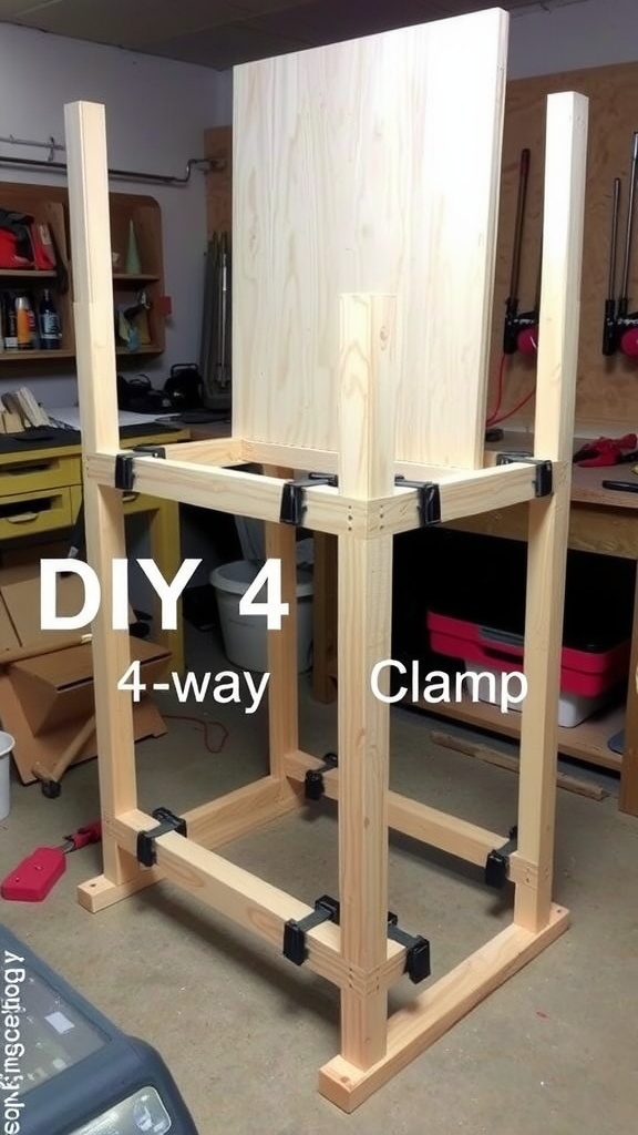 A 4-way panel clamp holding wooden panels at right angles in a workshop.